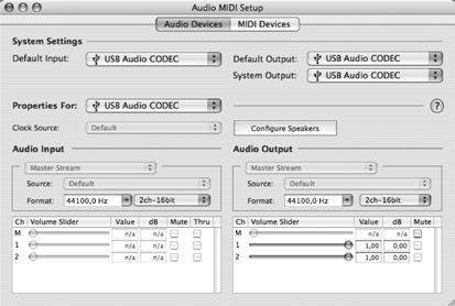 3.5 Konfiguration der Audio-Treiber Vorgehensweise zur Konfiguration der Treiber für Audio- Anwendungen: Öffnen Sie das Audio MIDI Setup aus dem Ordner Applications > Utilities und treffen Sie Ihre