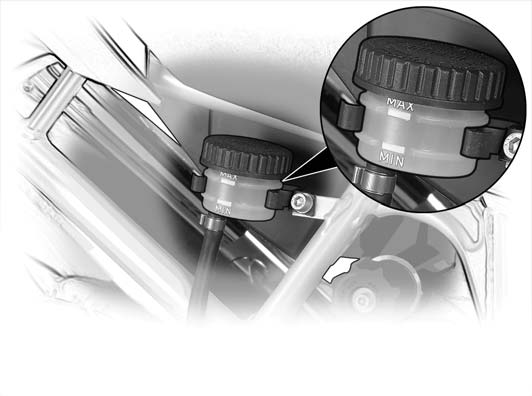 Bremsanlage 7 116 MIN Wartung Bremsflüssigkeitsstand hinten kontrollieren Motorrad auf Hauptständer stellen, dabei auf ebenen, festen Untergrund achten Bremsflüssigkeitsstand am Behälter ablesen d