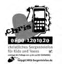 Wenn du Hilfe brauchst: www.chris-sorgentelefon.de Stiftung Marburger Medien, Am Schwanhof 17, 35037 Marburg Fon 06421/1809-0 www.marburger-medien.