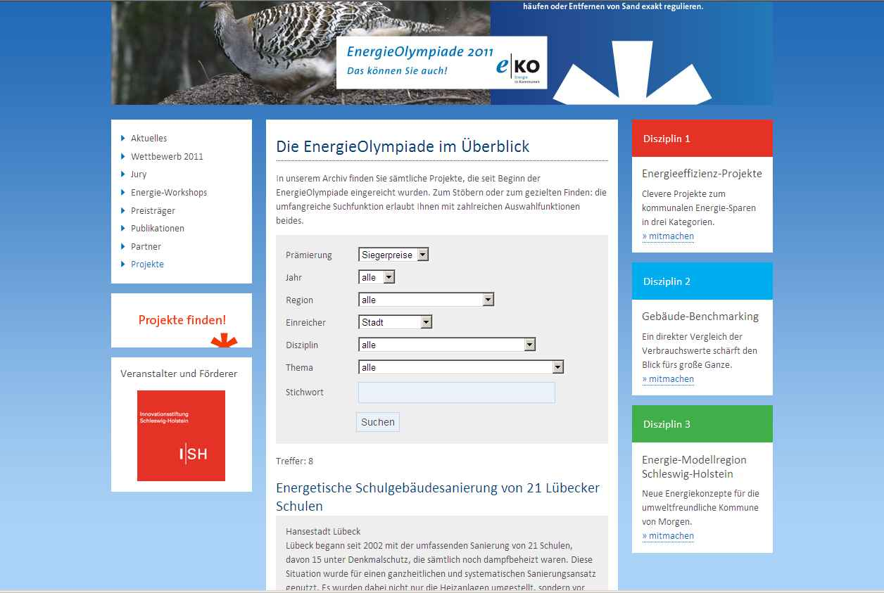 Neu: Die Datenbank mit Suchfunktion Projekte finden auf www.energieolympiade.
