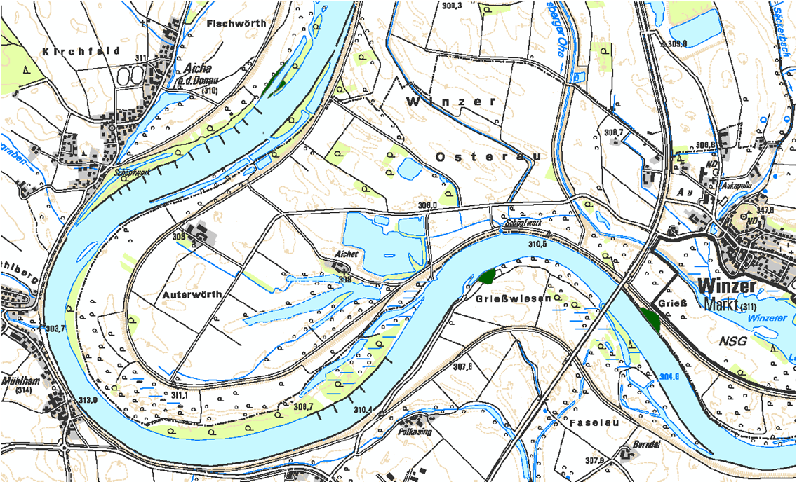 Donauausbau Straubing - Vilshofen ArGe Danubia Bereiche mit Anhebung der Grundwasserdruckhöhen bei MW zw.