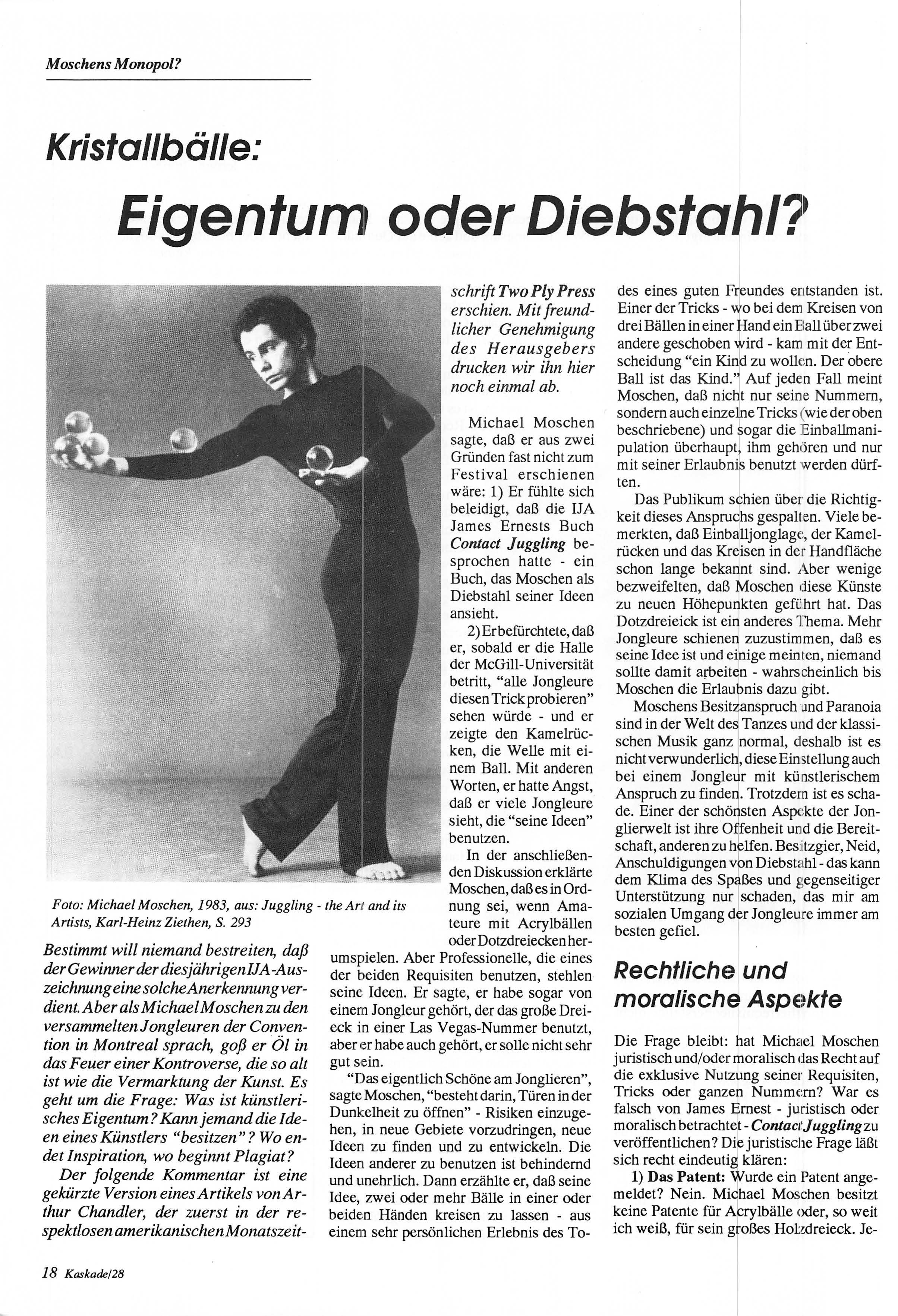 Moschens Monopol? Kristallbälle: Eigentum oder Diebstahl?- Foto: Michael Moschen, 1983, aus: Juggling - theart and its Artists, Karl-Heinz Ziethen, S.