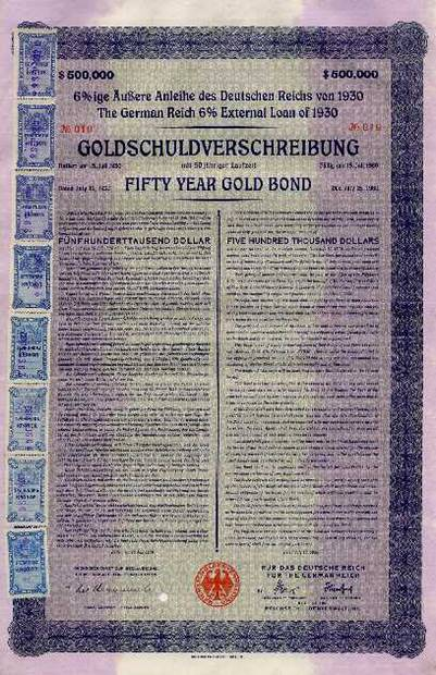 09700 DEUTSCHES REICH- ÄUSSERE ANLEIHE DES DEUTSCHEN REICHS VON 1930 (KREUGER- ANLEIHE/ ZÜNDHOLZANLEIHE) 6% GOLD DOLLAR BONDS OF 1930 100 Bisher unbekanntes Stück.