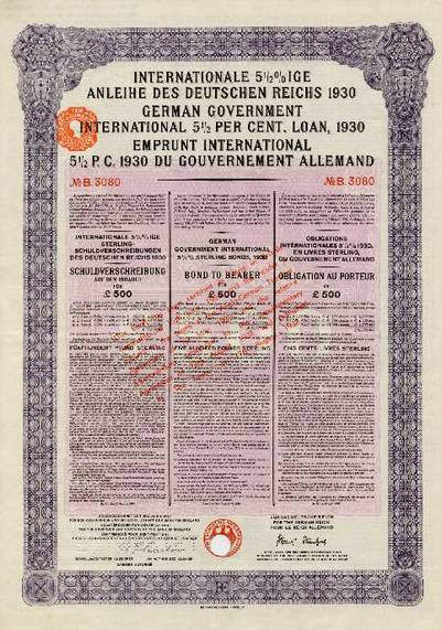 09707 DEUTSCHES REICH- INTERNATIONALE ANLEIHE DES DEUTSCHES REICHES (YOUNG- ANLEIHE) (GERMAN GOVERNMENT INTERNATIONAL LOAN 1930) 9707. 5 1/2 % Goldschuldverschreibung, Lit. B.