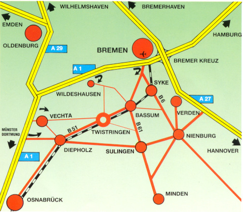 Räumliche Lage Die Stadt Twistringen liegt im Zentrum des Landkreises Diepholz, ca. 35 km südlich der Hansestadt Bremen.