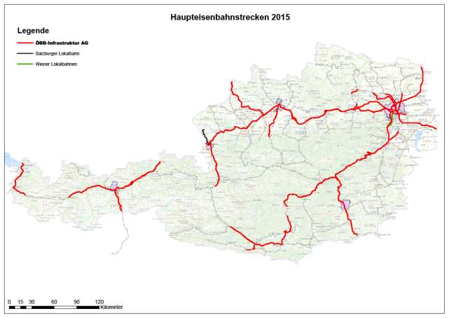 3 Kartografische Darstellung Die nachfolgende Grafik zeigt die österreichischen Haupteisenbahnstrecken 2015.