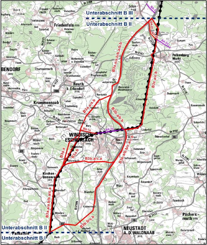 15 Unterabschnitt B II (Segment B3) Buch bis Schönhaid Da nach Angaben des Vorhabenträgers ein Verlauf entlang der Bestandstrasse im Stadtgebiet von Windischeschenbach zur Vermeidung von