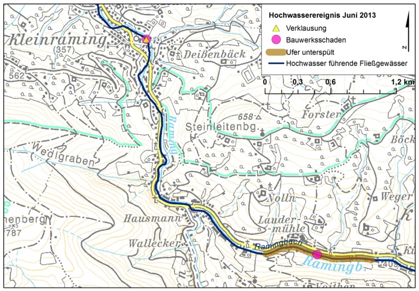 166 Hochwasser 2013 - Ereignisdokumentation Abbildung 7-117: Links: Die Schmiedlerbrücke (Quelle: GWB Linz); Rechts: Oberhalb der Schmiedlerbrücke (Quelle: GWB Linz) 7.6.22 Ramingbach In der Gemeinde St.