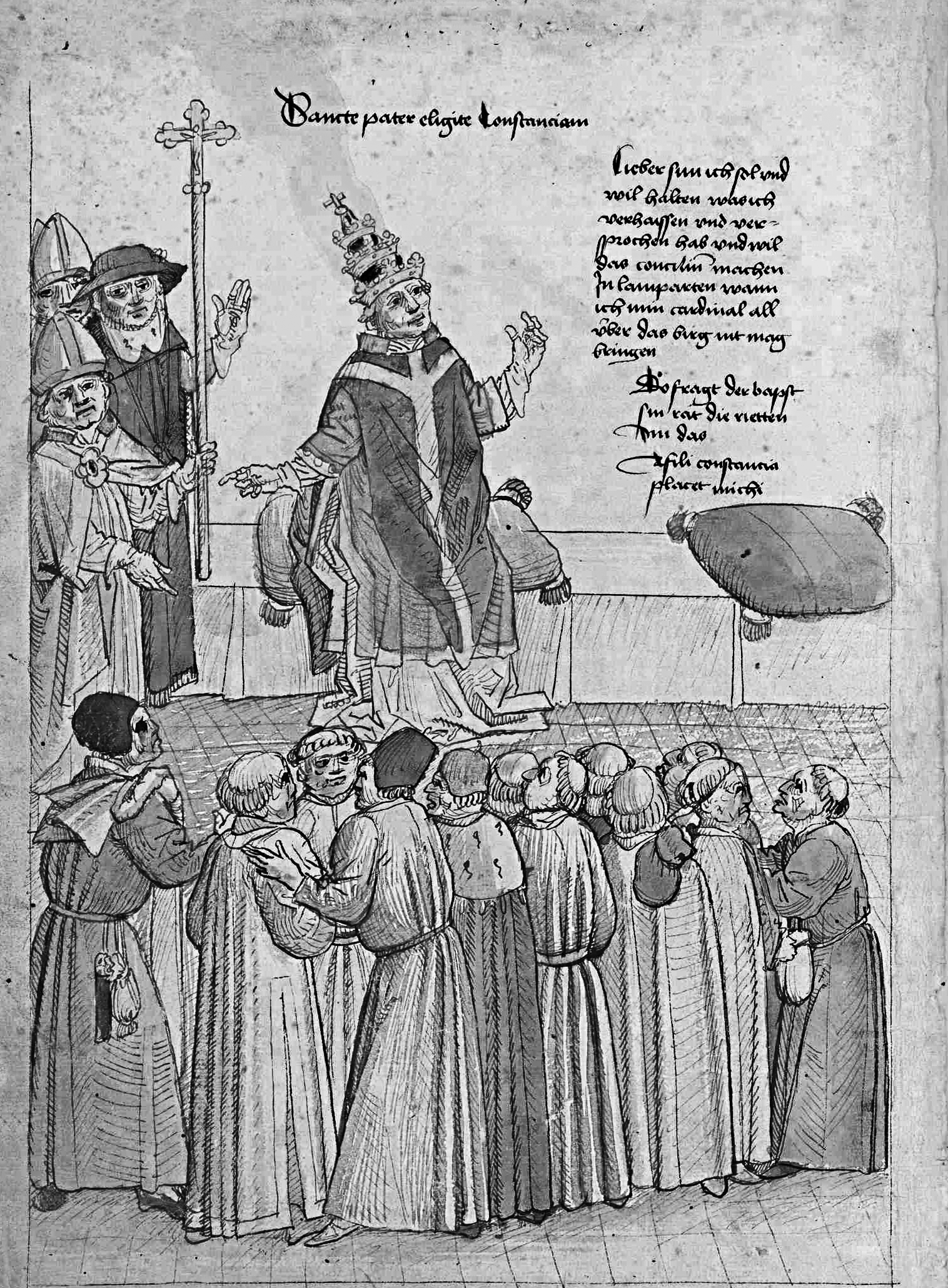 5 VERS Folio 5 verso und Folio 6 recto: Die Verhandlungen in Lodi, links sitzt der Papst,