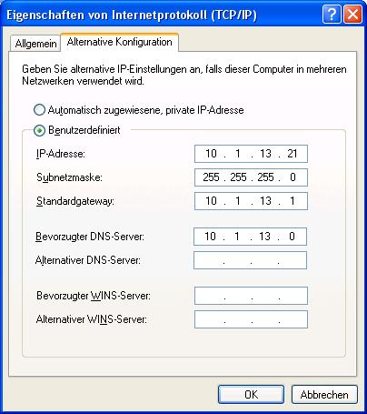 b) Alternative Konfiguration der benutzerdefinierten IP-Adresse Sollte Ihr PC so eingerichtet sein, dass er sich automatisch auf eine IP-