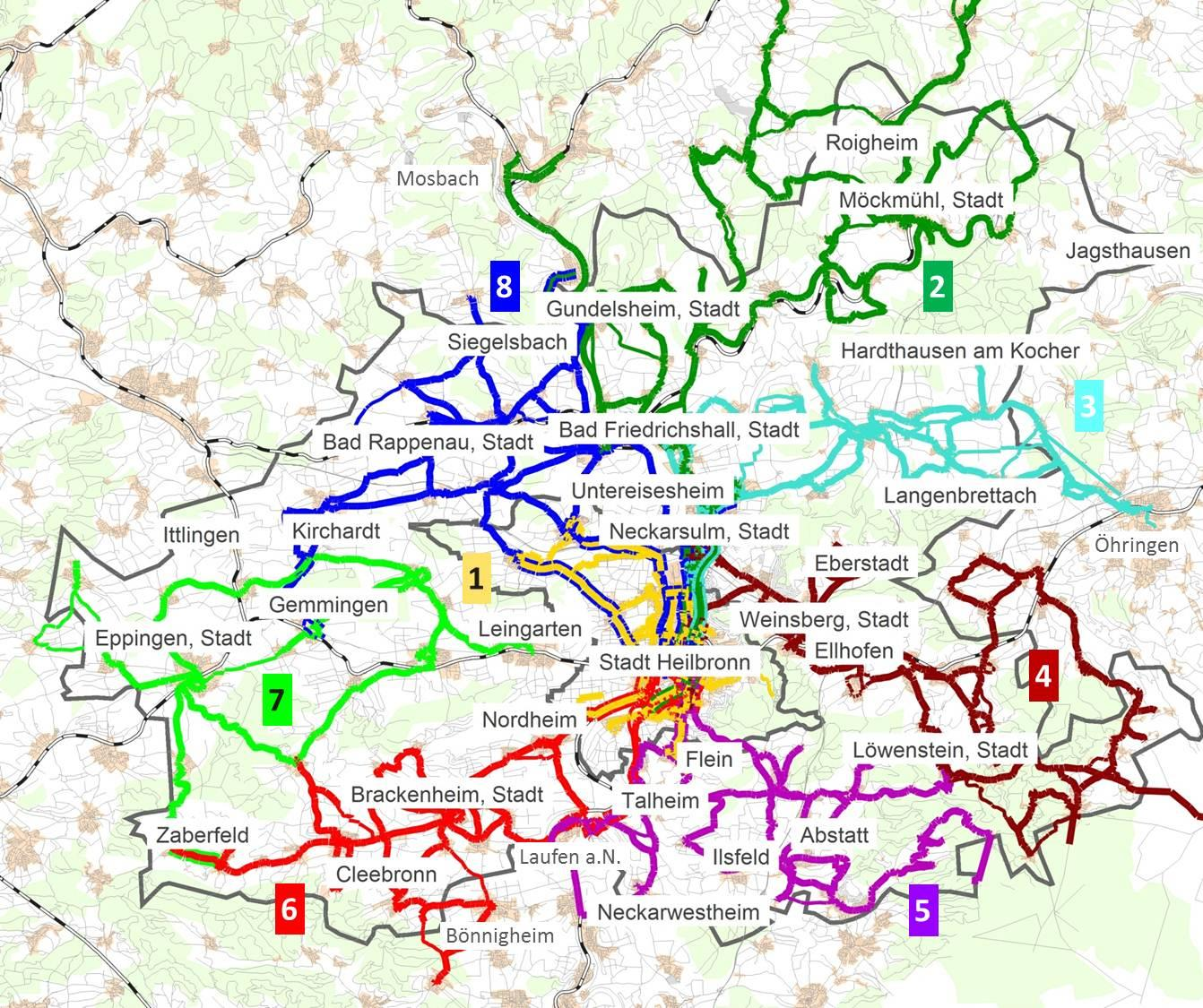Linienbündelungskonzept Es hat sich gezeigt, dass für die Stadt und den Landkreis Heilbronn die Aufgliederung des bestehenden Liniennetzes in insgesamt 8 Bündel den gestellten Anforderungen am