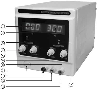 Function Elements: 1. Digital display of the effective output current. 2. Digital display of the effective output voltage. 3. AN/AUS: On-/Off-switch. 4.