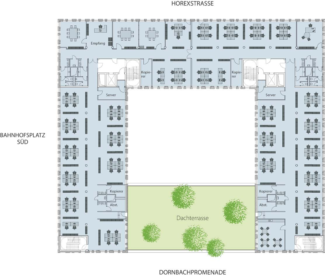 Variante Großraum* 2. OG 1 Mieter ca. 105 Arbeitsplätze ca. 1.600 m² Mietfläche Büro ca.