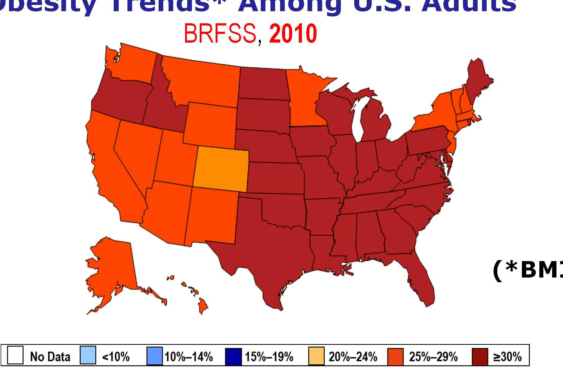 Obesity Trends* Among U.S. Adults BRFSS, 2010 (*BMI 30) Source: BEHAVIORAL RISK FACTOR SURVEILLANCE SYSTEM CDC Adipositas 1994 2000 2010 No Data <14.0% 14.0-17.9% 18.0-21.9% 22.0-25.9% >26.