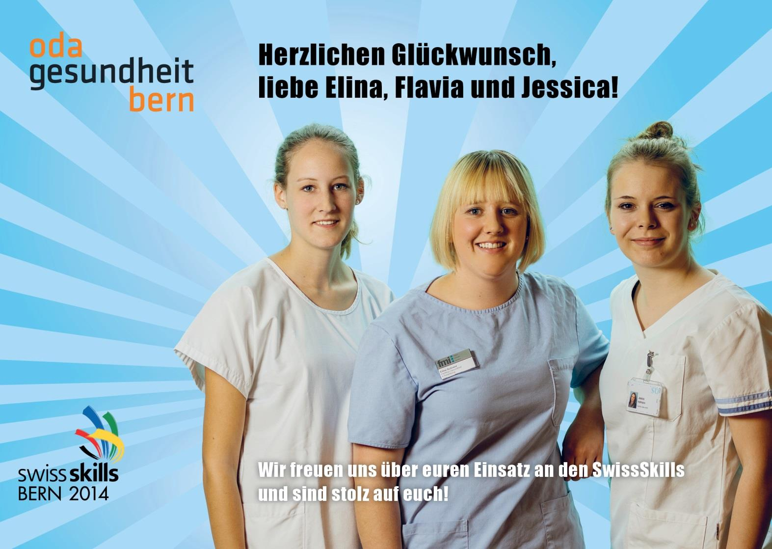 SwissSkills Bern 2014 Erfolgreiche Premiere für Berner Fachfrauen Gesundheit v.l.: Flavia Schönle (Inselspital), Elina Schranz (fmi Frutigen), Jessica Hofmann (SRO Langenthal) Erstmals fanden vom 17.