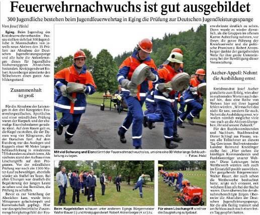 Jugendtag Eging a. S Diese erfolgreiche Arbeit unterstützt auch der Kreisfeuerwehrverband. So wurde am 12.