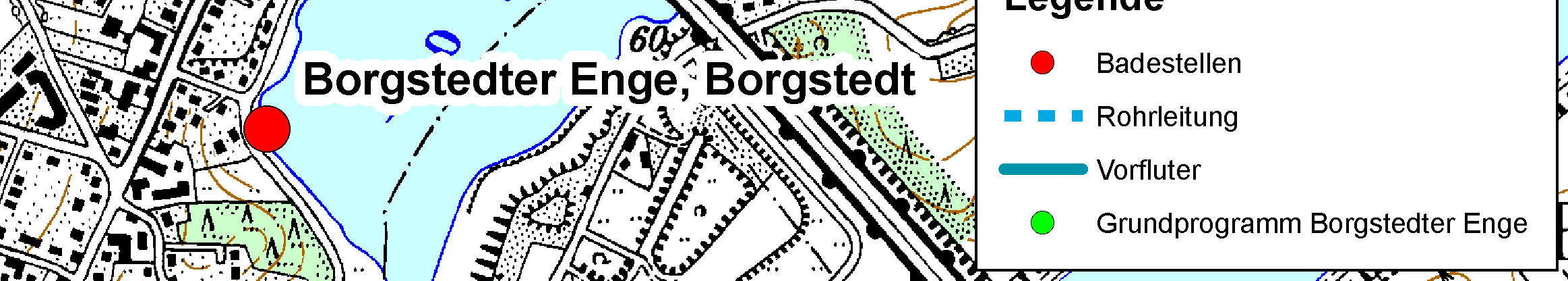 Untersuchungsgebiete Abbildung 3-6: Übersichtskarte Borgstedter Enge, Badestelle in rot dargestellt In Borgstedt befindet sich eine Regenwassereinleitung die durch einen Sandfang in die Enge