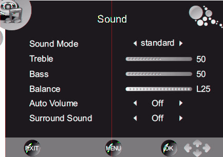 Sound setting The sound settings includes options for Sound Mode, Treble, Bass, Balance, Auto Volume and Surround Sound. LCD Settings Sound Mode With the or buttons you can select the sound mode.