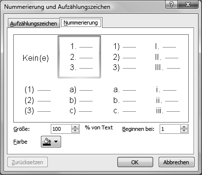 PowerPoint 2007 Fortgeschrittene 67 8.2 Nummerierung Vorgänge 2. Klicken Sie auf das Symbol. 3. Standardmässig wird die Nummerierung «1., 2., 3.,...» verwendet. Absätze nummerieren 1.