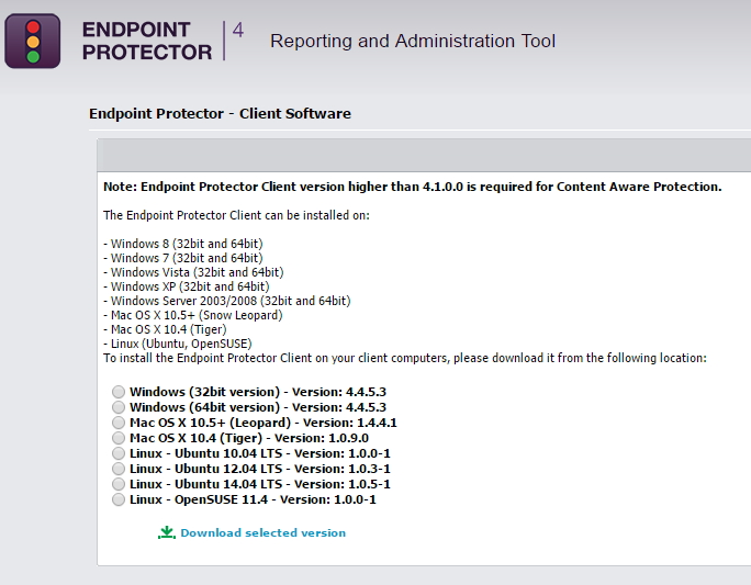 Über die Weboberfläche kann der Client zur Anbindung an Endpoint Protector heruntergeladen und installiert werden (Screenshot: Thomas Joos).