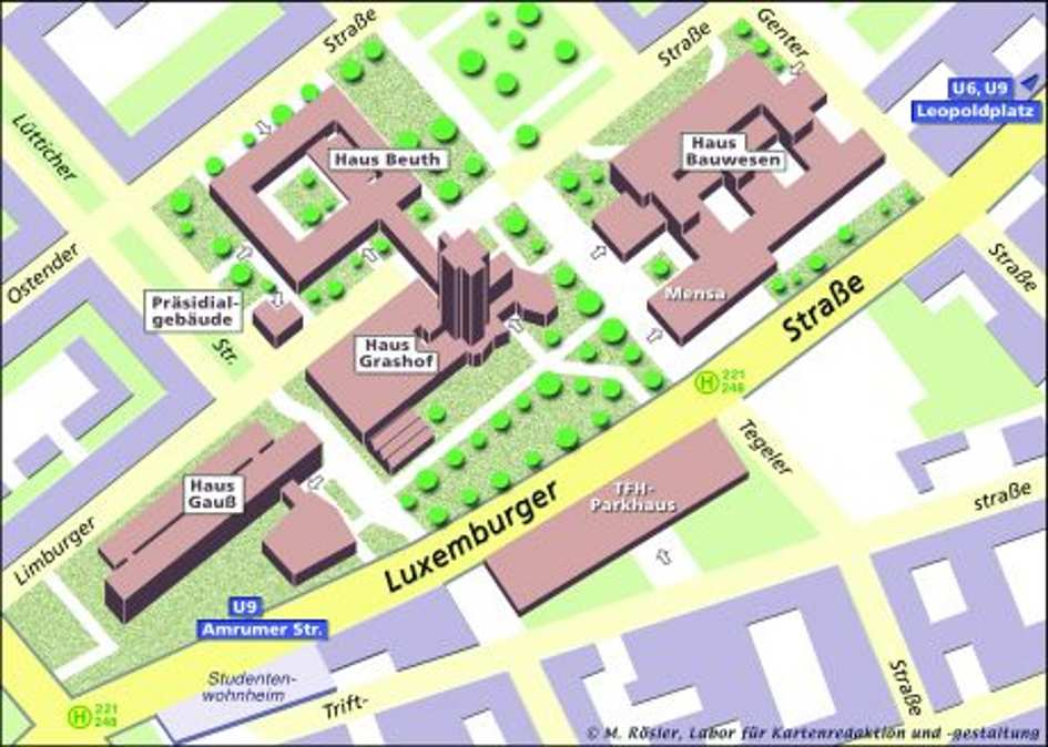 1. Der Campus Der Hauptcampus der Beuth-Hochschule für Technik Berlin (BHT) besteht aus vier großen Gebäuden. Im Zentrum steht das Haus Grashof (C).