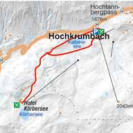 66 winterwandern Körberseepanorama Zum Hotel am See Hochtannbergpass-Körbersee Vom Hochtannbergpass (1.676 m) geht man auf der straßennahen Wanderpiste (rechte Piste wählen für Rundweg!