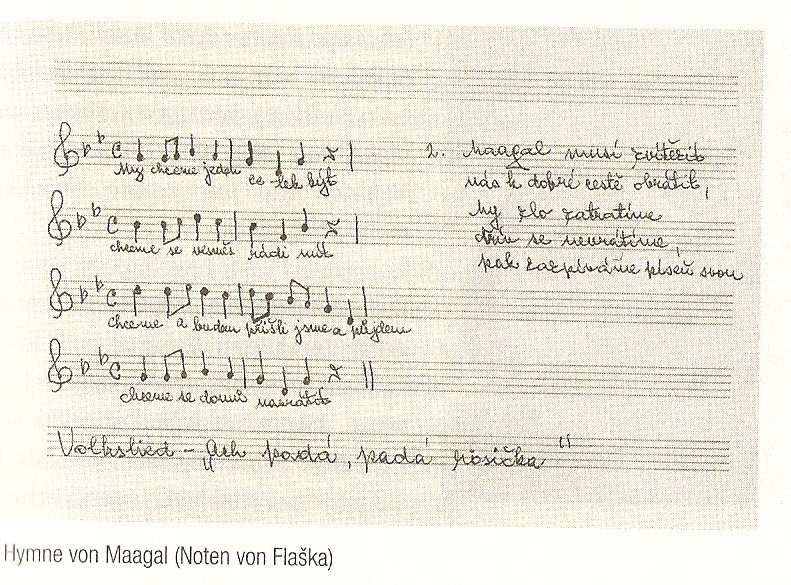 Abbildung 28 385 : Hymne des "Maagal" Auch die Feierlichkeiten und Zeremonien bei den Sitzungen der einzelnen Zimmer im Jungenheim L 417 waren immer mit Gesang verbunden.