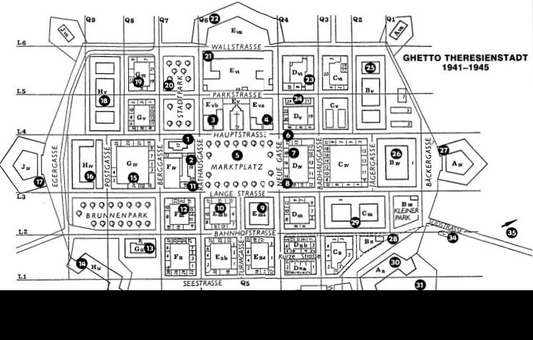7.3. Stadtplan von Theresienstadt 408 Abbildung 30 409 : Stadtplan 1) L 417: Dieses Gebäude war einmal eine Schule und wurde in der Zeit Theresienstadts als Lager zu einem Knabenheim umfunktioniert.