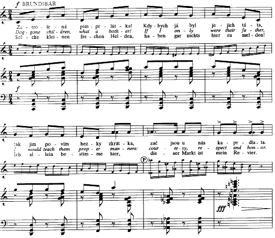 Abbildung 12 359 : Akt 1, Nr. VIII, T.1-8, KA S.31 Die achttaktige Melodie wird dreimal wiederholt wodurch die Sturheit des Leierkastenmannes unterstrichen wird.