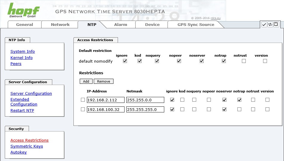 8.3.3.7 Konfigurieren der NTP-Zugriffsbeschränkungen (Access Restrictions) Eine der erweiterten Konfigurationsoptionen für NTP ist die Access Restrictions (NTP-Zugriffsbeschränkungen).
