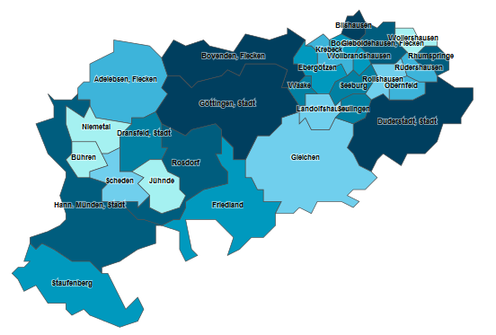 Regionales Entwicklungskonzept Tab. 3: Bevölkerungsdichte im Jahr 2013 Kommune Ortsteile (Anzahl) EW (2013) EW/ km 2 (2013) Göttingen (ländliche OT) 10 13.494 206,3 Adelebsen (Flecken) 7 6.
