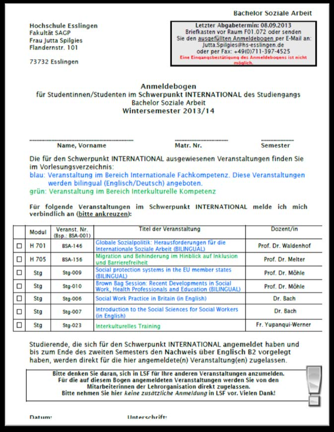 III. Schwerpunkt INTERNATIONAL Veranstaltungsbelegung Formular