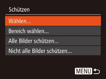 Führen Sie Schritt 2 im Abschnitt Verwenden des Menüs aus (= 66), wählen Sie [Wählen], und drücken Sie die Taste <m>. 2 Wählen Sie ein Bild aus. 3 Schützen Sie das Bild. Drücken Sie die Taste <n>.