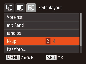 4 Wählen Sie ein Layout aus. Drücken Sie die Tasten <o><p>, um eine ption auszuwählen. Drücken Sie die Tasten <q><r>, um die Anzahl der Bilder pro Blatt festzulegen, wenn [N-up] ausgewählt wurde.