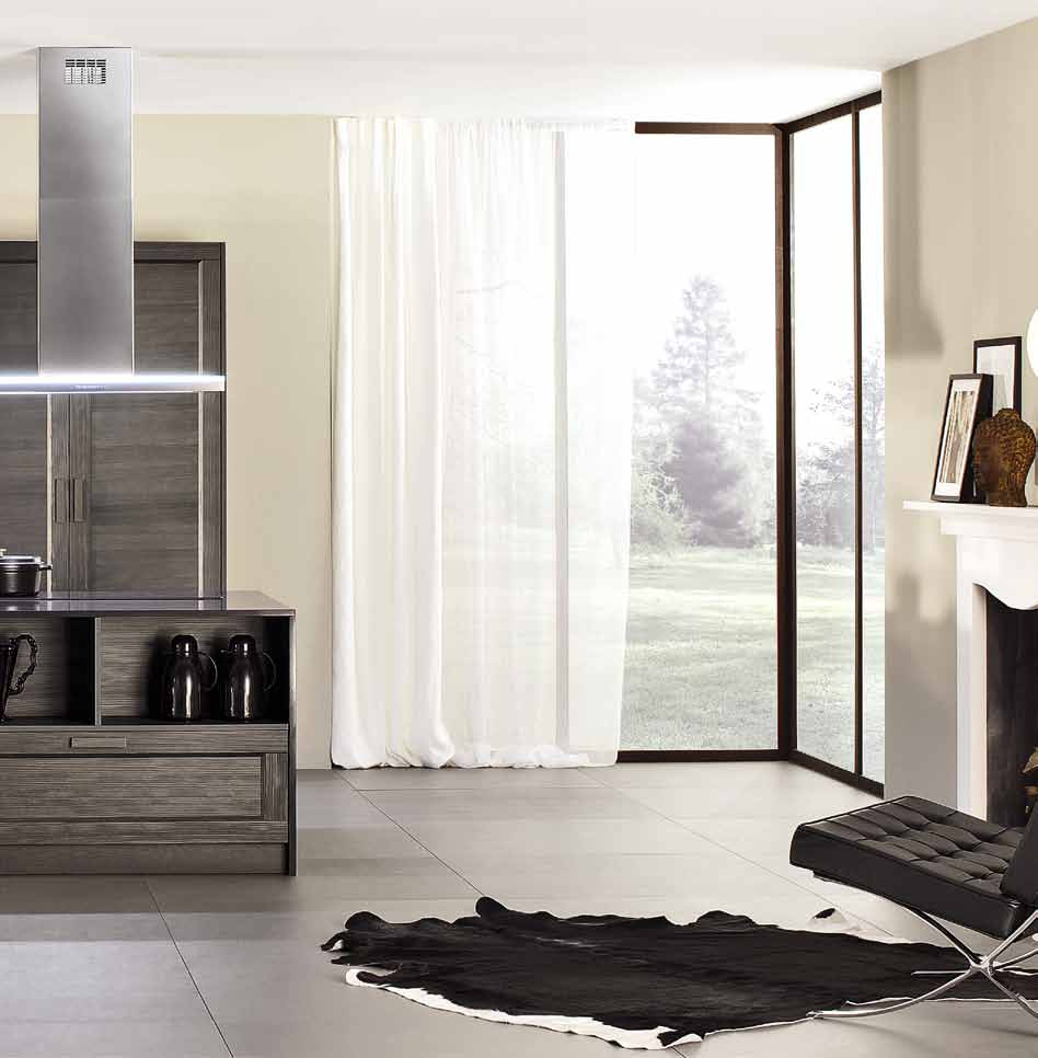 > ISLAND COMPOSITION AND WALL TALL UNITS WITH DOORS IN GRIGIO PIOMBO FINISHING, ON THE SAME COMPOSITION TALL UNITS WITH GREY STOPSOL GLASS DOORS, OPEN ELEMENTS ON THE ISLAND AND TALL UNITS ARE