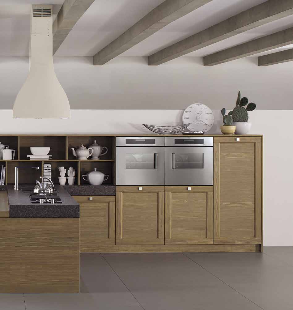 > PENINSULA COMPOSITION WITH DOORS IN TABACCO FINISHING, TALL UNITS WITH GREY STOPSOL GLASS DOORS, 12 CM PORPHYRY WORKTOP, 6 CM THICK VENEERED WORKTOP AND PENINSULA SIDE, THE TOP ON THE TALL UNITS