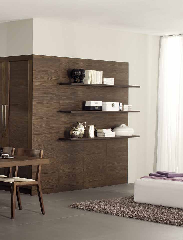 > COMPOSITION WITH TESTA DI MORO FINISHED DOORS, GLOSSY CHROMED HANDLES, WALL INTEGRATED TALL UNITS AND WALL PANELS WITH VENEERED 3 CM THICK SHELVES FIXED WITH HIDDEN WALL BRACKETS.