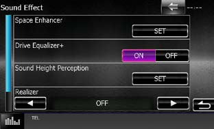 Audio-Steuerung Drive-Equalizer-Einstellung Die Klangqualität wird automatisch angepasst. 1 Tippen Sie auf [ON] oder [OFF] von [Drive Equalizer+].