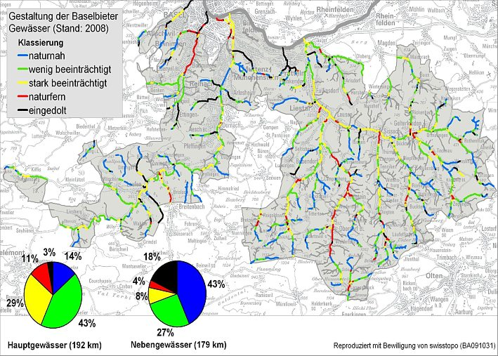 3 Gestaltung der Baselbieter Gewässer (Stand 2008). Massnahmenplan, der Kormoran in bestimmten Gewässerabschnitten des Kantons bejagt.