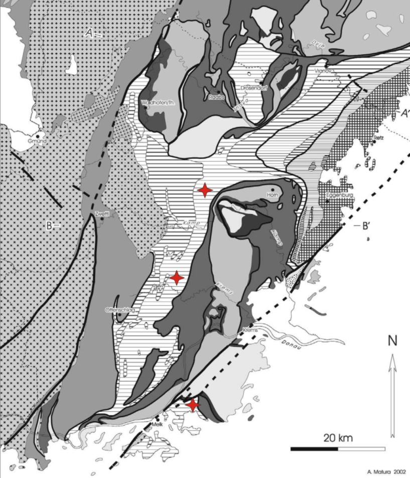 8 Abbildung 5: Tektonische Übersicht über das Waldviertel, modifiziert nach MATURA (2003); Fundpunkte sind mit Stern verzeichnet (südlich: Kochholz, mittig: Lichtenau, nördlich: Winkl).