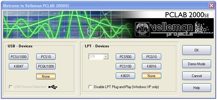 Starten der software Software starten Suchen Sie die Pc-Lab2000SE-Software Schnelltasten (Programme.. Pc- Lab2000SE ) Klicken Sie das Symbol Wählen Sie Ihre angeschlossene Hardware.