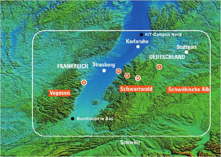 6 Kapitel 2. Grundlagen Abbildung 2.1: Das COPS-Gebiet (durchgezogene Linie) mit den Teilgebieten Vogesen, Rheingraben, Schwarzwald, sowie ein Teil der Schwäbischen Alb.