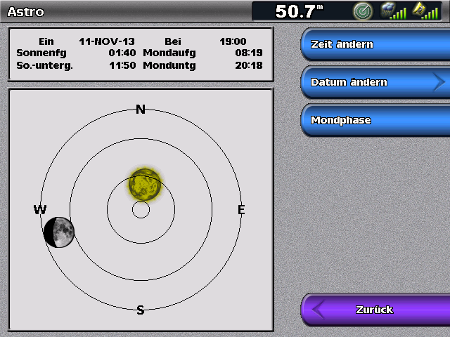 Almanach-, Umgebungs- und Borddaten Astroinformationen Im Bildschirm Astro werden Informationen zu Aufgang und Untergang von Sonne und Mond, Mondphasen und die ungefähre Himmelsposition von Sonne ➊