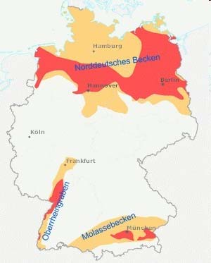 Geothermienutzung in Deutschland Quelle: GGA Tiefenunabhängige Übersicht über Gebiete, die für hydrogeothermische Nutzung möglicherweise geeignet sind: Regionen mit