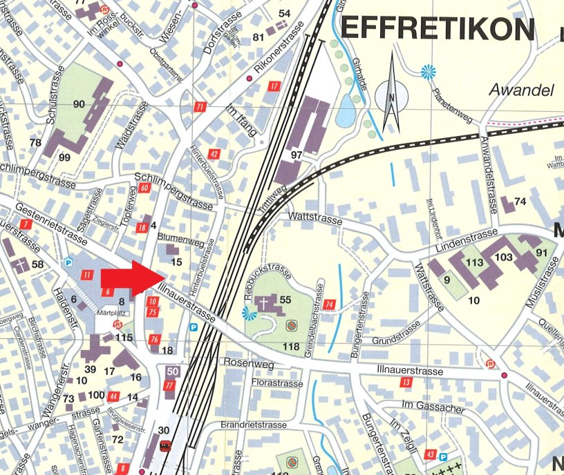 Situation / Erschliessung Das Mehrfamilienhaus liegt an der Illnauerstrasse (mit Zugang vom Blumenweg) unmittelbar im Zentrum von Effretikon.