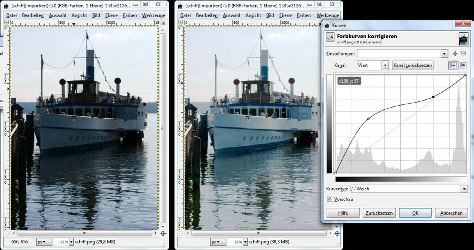 106 2 Arbeiten mit dem GIMP: Bildkorrekturen und Retuschearbeiten Abb. 2.41 Das Bild vor und nach der Korrektur. Zwei Punkte auf der Gradationskurve genügen, um die Gegenlichtaufnahme zu korrigieren.