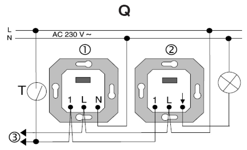Kombination mit HLK-Relais-Einsatz (Bild O) Die Ansteuerung von einer zweiten Stelle erfolgt ausschließlich über die Nebenstellenklemme 1.