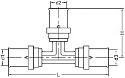 3fit -Press Pressfittings für die Trinkwasser- und Heizungsinstallation Serie 25000 25130 T-Stück, allseitig mit Außenpressende d1 x d2 x d3 Beutel Karton EAN-Code-Nr.