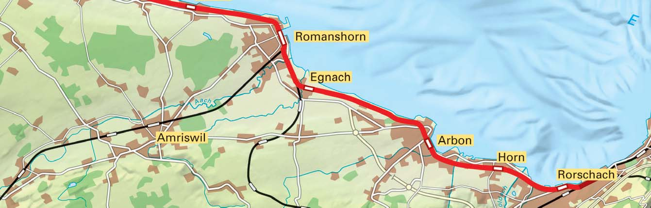 Romanshorn Rorschach (1) Auf der Fahrt nach Rorschach durchquert die Seelinie dicht bebautes Gebiet. Romanshorn und Egnach sind beinahe miteinander verwachsen.