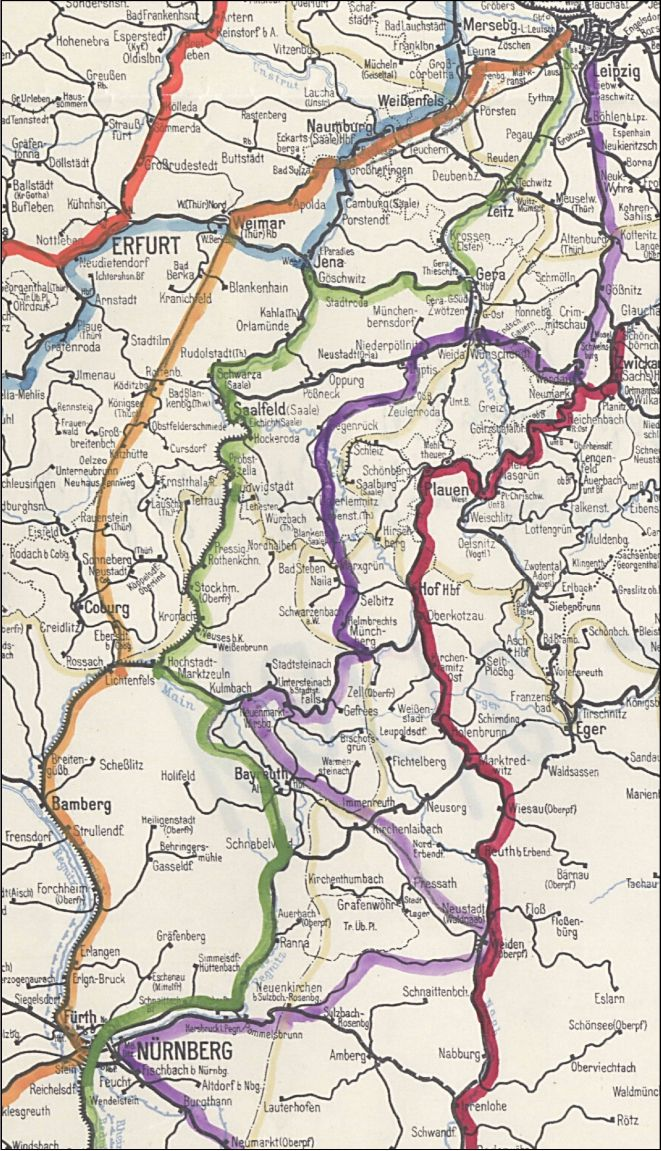 Ausschnitt aus einer Generalstabskarte vom Herbst 1939 mit farblich eingezeichneten (Eisenbahn-)Transportstraßen zur Vorbereitung des Westfeldzuges.